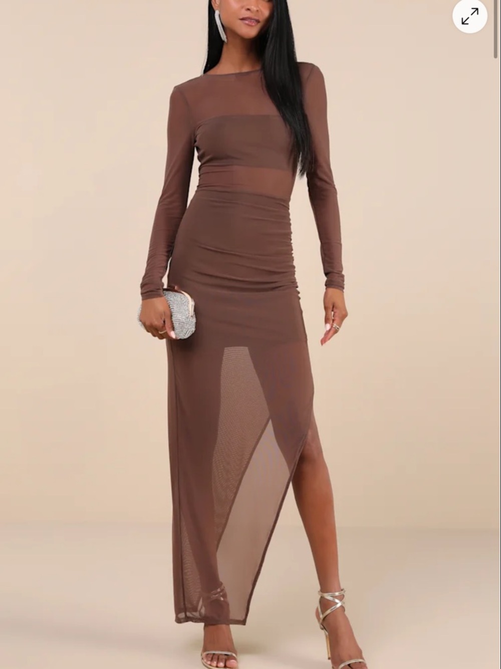 NWT LULUS Alluring Silhouette Dark Brown Sheer Mesh Backless Maxi Dress